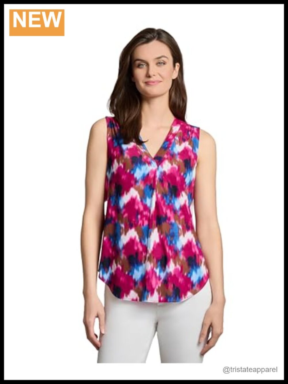 Sleeveless Printed V-Neck Top with Stretch Fabric